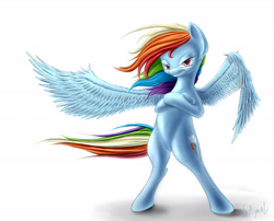 Size: 2100x1700 | Tagged: safe, artist:sayaal, derpibooru import, rainbow dash, pegasus, pony, bipedal, cool, crossed hooves, female, mare, simple background, smiling, smirk, solo, spread wings, white background, windswept mane, wings