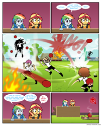 Size: 826x1018 | Tagged: safe, artist:crydius, rainbow dash, scootaloo, sunset shimmer, comic:the first year's dodgeball competition, equestria girls, averted gaze, blushing, chara, comic, corpse party, crossover, cutie mark crusaders, dipper pines, erma, female, knocked out, male, mordred pendragon, overwatch, sachiko shinozaki, speech bubble, sweat, this might have ended in death, tracer, undertale, vulgar description