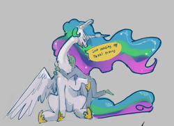 Size: 1852x1344 | Tagged: safe, artist:alumx, princess celestia, oc, oc:anon, human, chest fluff, dialogue, hug, long neck, sitting