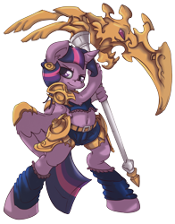 Size: 2287x2920 | Tagged: safe, artist:mistydash, derpibooru import, twilight sparkle, twilight sparkle (alicorn), alicorn, anthro, unguligrade anthro, armor, belly button, scythe, simple background, solo, transparent background, weapon