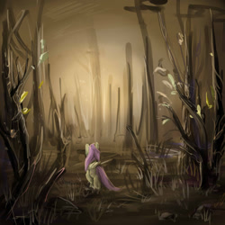 Size: 1024x1024 | Tagged: safe, artist:katemaximova, fluttershy, pegasus, pony, dark, forest, scenery, solo