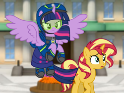 Size: 1440x1080 | Tagged: safe, artist:徐詩珮, sunset shimmer, twilight sparkle, twilight sparkle (alicorn), alicorn, pony, series:sprglitemplight diary, series:sprglitemplight life jacket days, series:springshadowdrops diary, series:springshadowdrops life jacket days, alternate universe, chase (paw patrol), clothes, female, paw patrol, solo, spy chase (paw patrol), worried