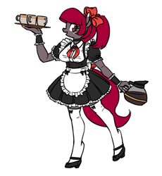 Size: 1280x1390 | Tagged: safe, artist:king-kakapo, oc, oc only, oc:rosemary, anthro, earth pony, unguligrade anthro, bow, choker, clothes, coffee, cup, dress, female, hair bow, looking at you, maid, mare, mary janes, shoes, simple background, socks, stockings, thigh highs, white background