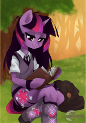 Size: 1024x1455 | Tagged: safe, artist:xxmoondropsxx, derpibooru import, twilight sparkle, semi-anthro, adorkable, book, clothes, cute, dork, reading, solo