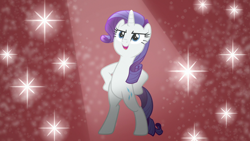 Size: 1280x720 | Tagged: safe, screencap, rarity, pony, unicorn, fake it 'til you make it, bipedal, female, hooves on hips, mare, open mouth, pose, smiling, solo