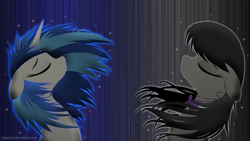 Size: 1920x1080 | Tagged: safe, artist:pepenist, artist:rariedash, derpibooru import, edit, dj pon-3, octavia melody, vinyl scratch, earth pony, pony, unicorn, abstract background, bowtie, bust, eyes closed, female, floppy ears, horn, lesbian, lineless, mare, portrait, profile, scratchtavia, shipping, solo, vector, wallpaper, wallpaper edit