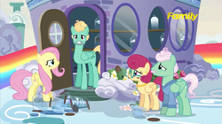 Size: 1275x715 | Tagged: safe, screencap, fluttershy, gentle breeze, posey shy, zephyr breeze, pegasus, pony, flutter brutter, angry, annoyed, broken glass, discovery family logo, door, family, female, flower, looking at you, male, mare, shy family house, shys, stallion, the shy family