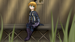 Size: 3840x2160 | Tagged: safe, artist:jetwave, derpibooru import, oc, oc only, oc:littlepip, human, fallout equestria, clothes, fanfic, fanfic art, female, freckles, humanized, humanized oc, jumpsuit, light skin, pipbuck, sitting, solo, vault suit, wallpaper