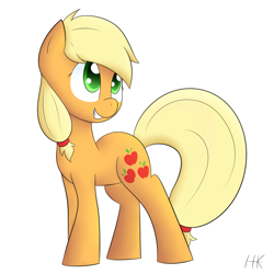 Size: 1280x1280 | Tagged: safe, artist:artsysparks, applejack, earth pony, pony, looking back, simple background, smiling, solo