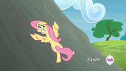 Size: 1280x720 | Tagged: safe, artist:randybutts, fluttershy, pegasus, pony, rainbow falls, flattened, hub logo, solo