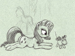 Size: 1102x826 | Tagged: safe, artist:el-yeguero, rarity, pony, unicorn, monochrome, plushie, simple background, solo, toy