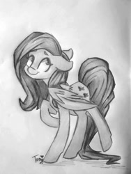 Size: 768x1024 | Tagged: safe, artist:tamyarts, fluttershy, pegasus, pony, cute, grayscale, looking back, monochrome, pencil drawing, raised hoof, solo, spread wings, traditional art