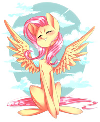 Size: 900x1095 | Tagged: safe, artist:glamist, fluttershy, pegasus, pony, blushing, chest fluff, cloud, cloudy, eyes closed, sitting, smiling, solo, spread wings, wings