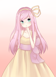 Size: 1109x1536 | Tagged: safe, artist:nezhiei, artist:nezhiel, fluttershy, human, chin stroke, clothes, dress, humanized, solo