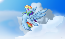 Size: 3126x1918 | Tagged: safe, artist:konditorei, derpibooru import, rainbow dash, pegasus, pony, cloud, cute, dashabetes, female, flying, happy, mare, sky, solo, spread wings, wings