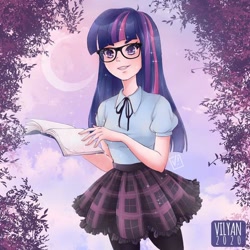 Size: 600x600 | Tagged: safe, artist:vilyann, part of a set, twilight sparkle, human, book, clothes, crescent moon, cute, female, glasses, humanized, moon, open mouth, plaid skirt, skirt, solo, stockings, thigh highs, twiabetes