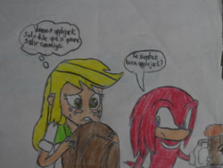 Size: 1024x768 | Tagged: safe, artist:brandonale, applejack, equestria girls, crossover, knuckles the echidna, sonic the hedgehog (series), spanish, traditional art