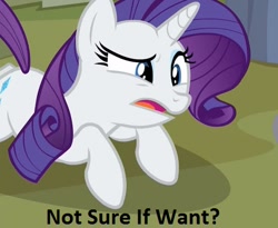 Size: 437x358 | Tagged: safe, edit, edited screencap, screencap, rarity, pony, unicorn, fake it 'til you make it, confused, cropped, exploitable meme, female, mare, meme, not sure if want, solo, text