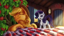 Size: 1920x1080 | Tagged: safe, artist:sa1ntmax, applejack, bloomberg, rarity, earth pony, pony, unicorn, over a barrel, scene interpretation