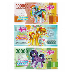 Size: 700x700 | Tagged: safe, rainbow dash, sunset shimmer, oc, oc:lunar storm, pegasus, pony, fake money, huh, indonesia, indonesian, rupiah