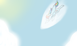 Size: 3162x1897 | Tagged: safe, artist:dozymouse, derpibooru import, rainbow dash, pegasus, pony, cloud, fast, female, mare, sky, smiling, sun, wings