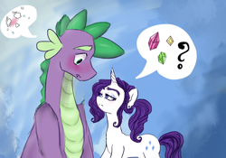 Size: 1024x717 | Tagged: safe, artist:slytherinakatsuki, rarity, spike, dragon, pony, unicorn, blushing, crying, doubt, ear piercing, earring, female, gem, jewelry, male, piercing, question mark, shipping, sparity, straight, thought bubble
