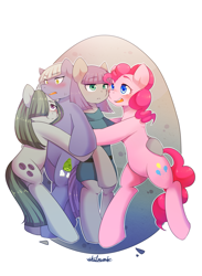 Size: 2795x3825 | Tagged: safe, artist:shilzumi, artist:焰鑰 熾泉, limestone pie, marble pie, maud pie, pinkie pie, earth pony, pony, blushing, group hug, pie sisters