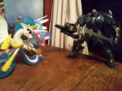 Size: 4160x3120 | Tagged: safe, princess celestia, pony, clash of hasbro's titans, fight, flamethrower, fusion cannon, guardians of harmony, ikakalaka, irl, megatron, misadventures of the guardians, photo, sword, toy, transformers, transformers the last knight, war criminal, weapon