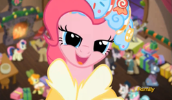 Size: 837x490 | Tagged: safe, screencap, bon bon, carrot top, golden harvest, lyra heartstrings, pinkie pie, sweetie drops, earth pony, pony, a hearth's warming tail, baroque cloak, discovery family logo, faic, lidded eyes, spirit of hearth's warming presents