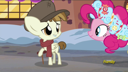 Size: 1920x1080 | Tagged: safe, screencap, featherweight, pinkie pie, earth pony, pony, a hearth's warming tail, a christmas carol, clothes, crutches, discovery family logo, hat, scarf, spirit, spirit of hearth's warming presents, tiny tim