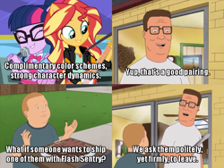 Size: 700x525 | Tagged: safe, edit, edited screencap, screencap, sci-twi, sunset shimmer, twilight sparkle, eqg summertime shorts, equestria girls, get the show on the road, bobby hill, bowtie, bus, caption, clothes, comic, cute, electric guitar, eyes closed, female, flying v, geode of empathy, geode of telekinesis, get out, glasses, guitar, hank hill, image macro, implied flash sentry, implied flashimmer, implied flashlight, implied shipping, implied straight, jacket, king of the hill, leather jacket, lesbian, magical geodes, microphone, musical instrument, ponied up, scitwilicorn, scitwishimmer, screencap comic, shimmerbetes, shipping, shipping war, singing, sunset shredder, sunsetsparkle, text, twiabetes, wings
