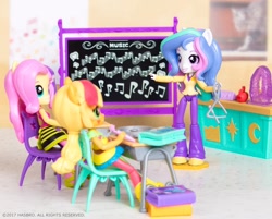 Size: 1080x868 | Tagged: safe, applejack, fluttershy, princess celestia, principal celestia, equestria girls, doll, equestria girls minis, eqventures of the minis, irl, music, photo, rainbow rocks outfit, toy