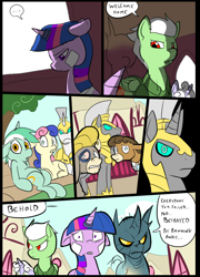 Size: 696x965 | Tagged: safe, artist:metal-kitty, derpibooru import, bon bon, cranky doodle donkey, lyra heartstrings, matilda, sweetie drops, twilight sparkle, unicorn twilight, oc, oc:bullseye (mlp project), oc:leon (mlp project), changeling, donkey, earth pony, pegasus, pony, unicorn, comic:mlp project, comic, crankilda, golem, mind control, ponyville, royal guard