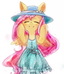 Size: 720x840 | Tagged: safe, artist:kinda-l, fluttershy, pegasus, pony, semi-anthro, clothes, cute, dress, ear fluff, eyes closed, happy, hat, shyabetes, simple background, smiling, solo, white background