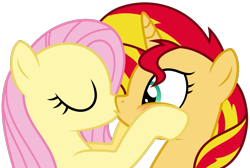 Size: 843x568 | Tagged: safe, artist:shizow, fluttershy, sunset shimmer, pegasus, pony, unicorn, bust, female, kissing, lesbian, mare, shipping, simple background, sunshyne, transparent background, wide eyes