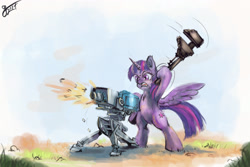 Size: 3000x2000 | Tagged: safe, artist:lukeine, derpibooru import, twilight sparkle, twilight sparkle (alicorn), alicorn, pony, angry, bipedal, female, high res, mare, pun, sentry, solo, team fortress 2, visual pun, wrench