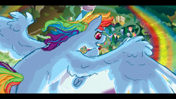 Size: 3265x1837 | Tagged: safe, artist:shaslan, derpibooru import, rainbow dash, pegasus, pony, female, flying, mare, ponyville, rainbow trail, smiling, solo, spread wings, wings