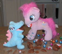 Size: 1954x1687 | Tagged: safe, artist:cheerbearsfan, pinkie pie, chocolate, food, irl, photo, plushie, pokémon, totodile