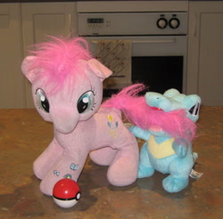 Size: 1904x1876 | Tagged: safe, artist:cheerbearsfan, pinkie pie, irl, nom, photo, plushie, pokéball, pokémon, totodile