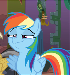 Size: 880x941 | Tagged: safe, derpibooru import, screencap, rainbow dash, pegasus, pony, stranger than fan fiction, cropped, faic, female, lidded eyes, mare, offscreen character, rainbow dash is best facemaker, smug, smugdash, solo