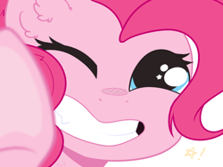 Size: 1600x1200 | Tagged: safe, artist:kebchach, derpibooru import, pinkie pie, earth pony, pony, against glass, bust, cute, diapinkes, ear fluff, female, glass, looking at you, mare, one eye closed, portrait, simple background, smiling, solo, starry eyes, stars, underhoof, white background, wingding eyes, wink
