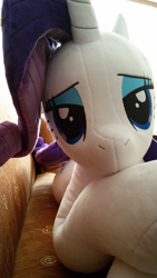 Size: 643x1143 | Tagged: safe, artist:rosamariposacrafts, rarity, pony, irl, life size, looking at you, photo, plushie, solo