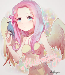 Size: 1074x1228 | Tagged: safe, artist:halfpeegue, fluttershy, bird, human, clothes, dress, heart, humanized, solo, winged humanization