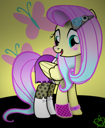 Size: 840x1027 | Tagged: safe, artist:8l4ck0u7, fluttershy, pegasus, pony, blushing, clothes, female, goth, hairclip, heart, makeup, mare, open mouth, pastel goth, skirt, socks, solo, stockings, thigh highs, wristband