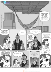 Size: 1200x1697 | Tagged: safe, artist:pia-sama, rarity, spike, anthro, dragon, unicorn, comic:rogue diamond, clothes, comic, crate, dialogue, eyes closed, female, floppy ears, hammock, mare, monochrome, older, older spike, speech bubble