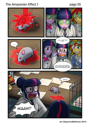 Size: 1000x1396 | Tagged: safe, artist:advanceddefense, artist:bluecarnationstudios, sci-twi, sunset shimmer, twilight sparkle, mouse, comic:the amazonian effect, equestria girls, ..., chemicals, clothes, comic, goggles, lab coat, twolight