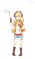 Size: 600x1000 | Tagged: safe, artist:riri, applejack, human, belly button, clothes, cutie mark on legs, gloves, humanized, lasso, pixiv, rope, shorts, solo