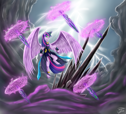 Size: 1000x909 | Tagged: safe, artist:tangosierrag82, derpibooru import, twilight sparkle, twilight sparkle (alicorn), alicorn, pony, clothes, corrupted, crystal, dark magic, female, flying, glowing eyes, magic, mare, robe, solo, sombra eyes, storm