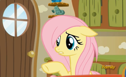 Size: 707x436 | Tagged: safe, screencap, fluttershy, pegasus, pony, flutter brutter, alternate hairstyle, discovery family logo