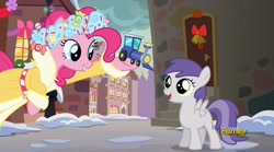 Size: 2048x1138 | Tagged: safe, screencap, pinkie pie, tornado bolt, earth pony, pony, a hearth's warming tail, discovery family logo, spirit of hearth's warming presents, tornadorable, toy